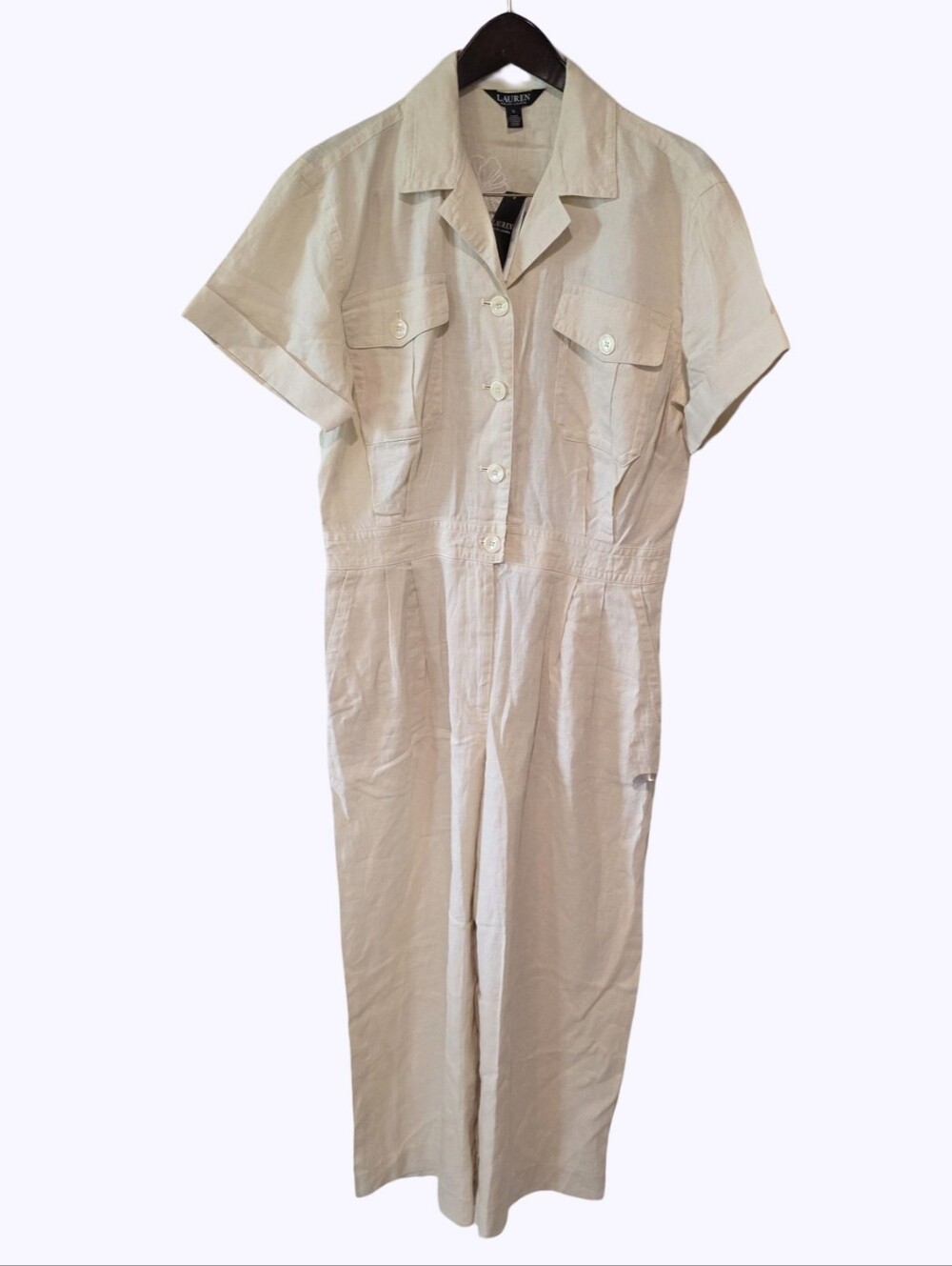 Lauren Ralph Lauren Cream Linen Blend Embroidered Utility Jumpsuit Wide Leg NEW - Picture 4 of 14